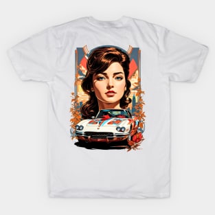 Sport Car Woman Poster retro vintage floral design T-Shirt